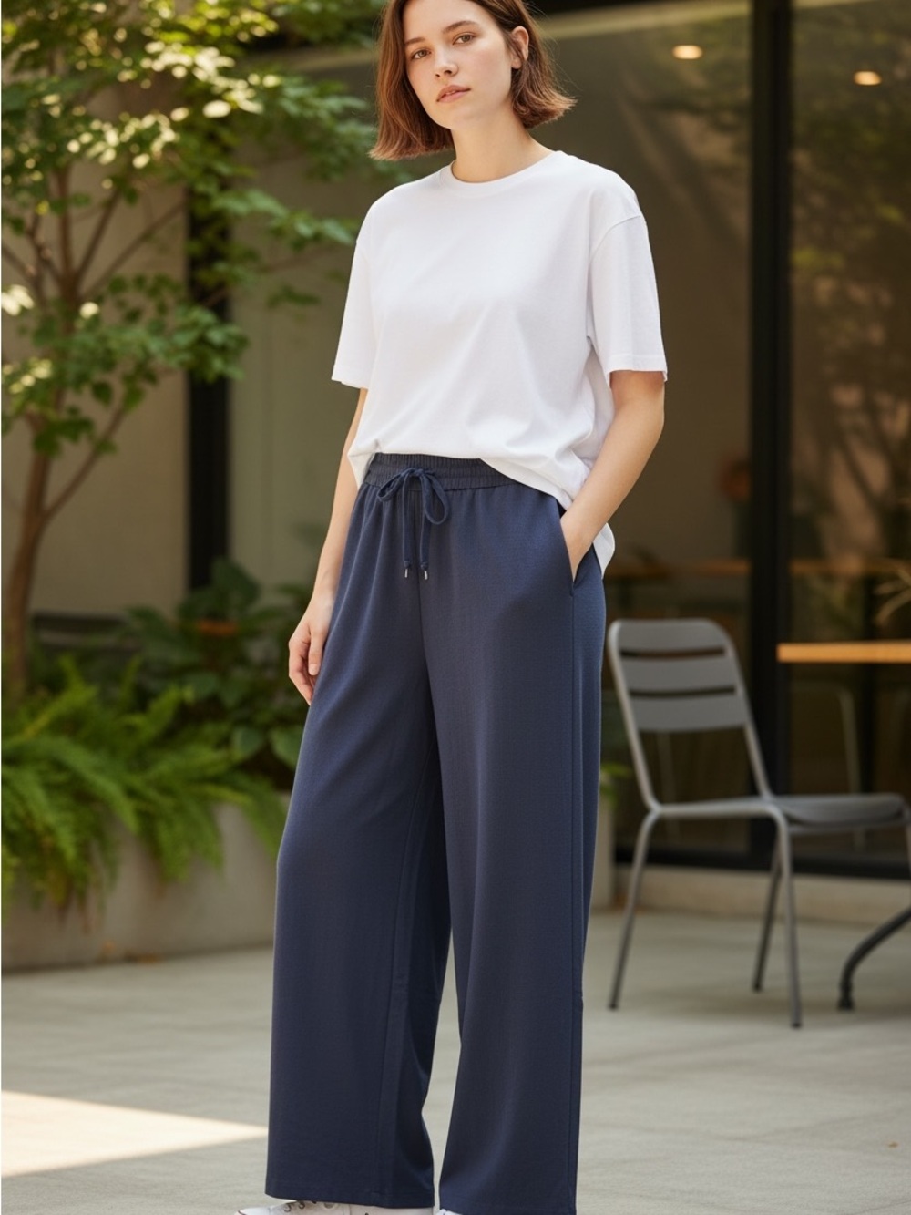 Halara Linen Look Butter Soft Wide Leg Pants Navy Blue S Petite NWT Pockets